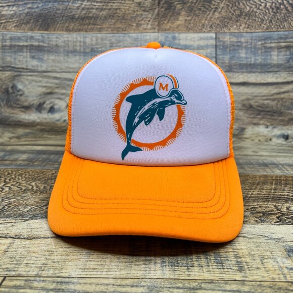 Miami Dolphins Mens Trucker Hat Orange Snapback 1966 Vintage Logo Football Cap - Picture 2 of 7